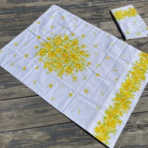 Vintage 1960s 1970s Yellow Floral Pillowcases Lace Trim Set of Two Percale Bed Linens