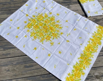 Vintage 1960s 1970s Yellow Floral Pillowcases Lace Trim Set of Two Percale Bed Linens