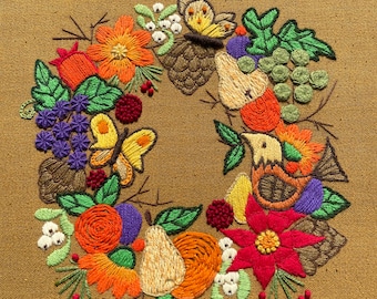 Vintage 60s 70s Fabric Art Wreath Paragon Crewel Embroidery Wall Hanging Picture