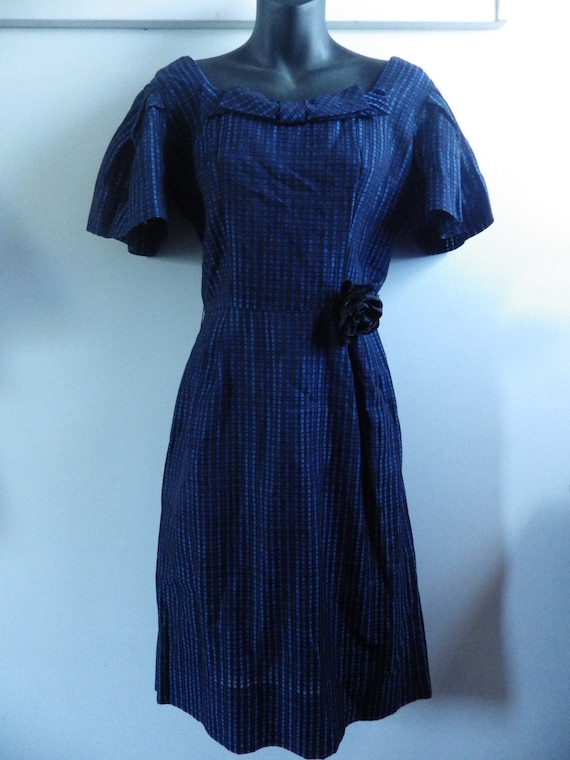 Vintage 1950s Womens Party Dress Blue Black Rayon… - image 1