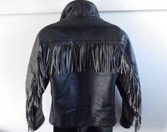 Vintage 50er Jahre Damen Fransen Motorrad Biker Jacke aus schwarzem Leder Größe S Made in USA
