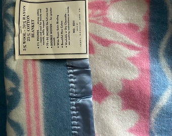 Deadstock with tags 1950s Sears Camp Blanket Reversible Blue Pink Cotton Rayon Full 70 x 80