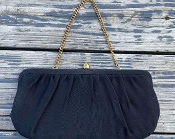 Vintage 1940s 50s Black Rayon Evening Bag Convertible Clutch Purse Handbag Pocketbook