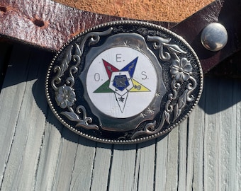 Vintage 1970s Masonic Order of the Eastern Star Enamel Belt Buckle with Leather Belt 29 to 34 Waist