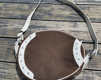Vintage 60s 70s Mod Brown and White Purse Handbag Canvas shoulder strap