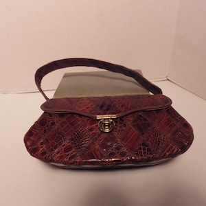 Luxurious Lizard Handbag 1950s Couture Pocketbook Purse Brown leather