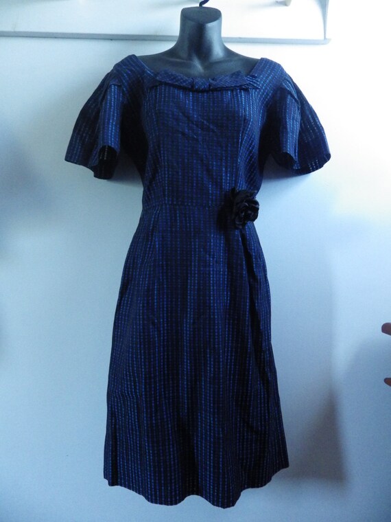 Vintage 1950s Womens Party Dress Blue Black Rayon… - image 5