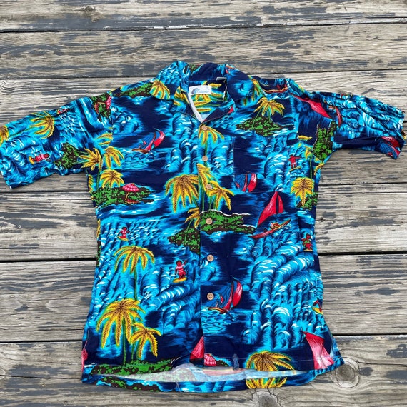 Vintage Rayon Hawaiian Aloha Shirt Islander Blue … - image 1