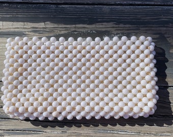 Vintage 1960s 70s Mod White Beaded Evening Bag Clutch Purse Handbag Pocketbook Bridal Wedding