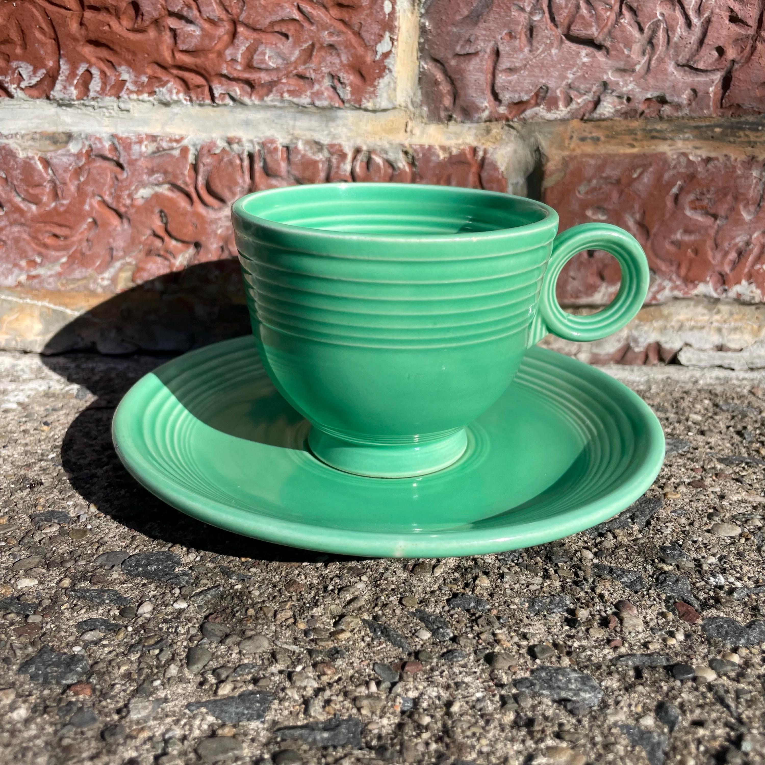 1930s Fiesta Ware Tea Cup and Saucer Set Ring Handle Light Green
