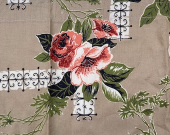 Vintage 40s 50s Curtain Valance Barkcloth Fabric Tan Pink Green Floral 36 x 12 inches