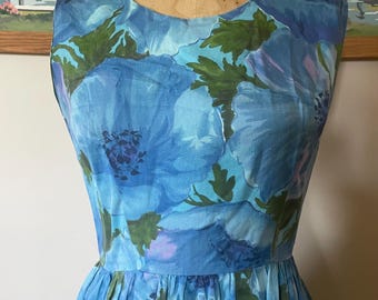 Vintage 1950s 1960s Day Dress Sleeveless Blue Watercolor Floral 36 Bust
