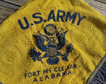 Vintage 1940s WW2 Souvenir Tablecloth US Army Fort McClellan Alabama Fringed Linen Yellow Gold 30 x 36 Card Table Size