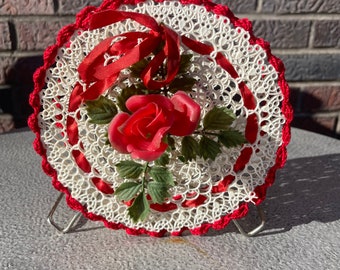 Vintage Valentines Napkin Holder Plastic Doily Kitchen Granny Craft Cottagecore