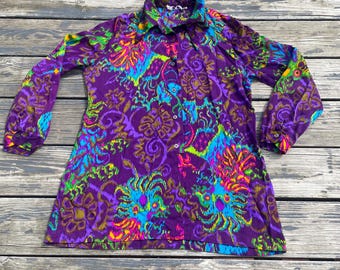 Vintage 1970s Barkcloth Lavacloth Psychedelic Print Disco Shirt Jon Peters Size M