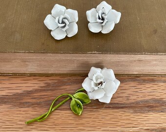 Vintage 1950s 60s Enamel Flower Pin and Earrings set clip on white rose