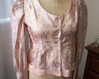 Womens Vintage 80s Copper Lurex blouse shirt with rhinestone buttons 36 Bust Sheer sleeves