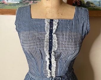 Vintage 1950s Pinup Day Dress Sheer Seersucker Blue White Gingham 36 Bust