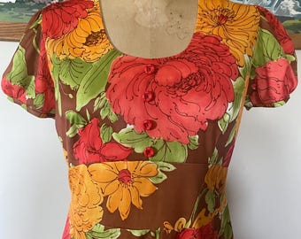 Vintage 70s Maxi Dress Orange Gold Brown Cap Sleeve Empire Waist Gown 40 Bust