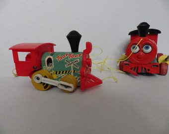 Fisher Price Pull Behind Toy Trains 1960s 70s Set of 2 Huffy Puffy Toot Toot
