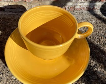1930s Fiesta Ware Tea Cup and Saucer Set Ring Handle Yellow Homer Laughlin Original Colors Vintage 30s