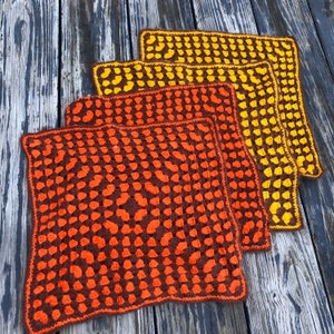 Vintage Crocheted Granny Square Set of Four Soft Mohair Orange Brown Yellow