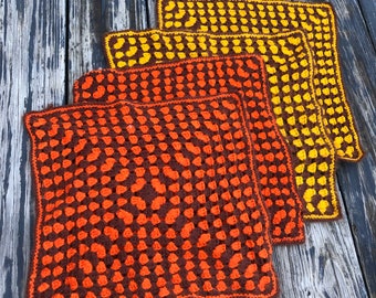 Vintage Crocheted Granny Square Set of Four Soft Mohair Orange Brown Yellow