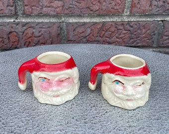 Pair Vintage 40s 50s Winking Santa Mini Mugs Christmas Shot Glass Set of Two 2