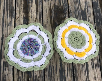 Vintage Crocheted Granny Square Round Doily Pot Holder Set of Two Pastel Green Yellow Colors