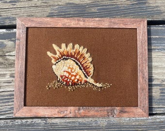 Vintage 1980s Framed Brown Seashell Embroidery Fabric Yarn Art Wall Hanging Farmhouse Beach Fall