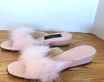 Vintage Polly of California Pink Satin & Feathers Maribou Mule Slippers Size 9.5