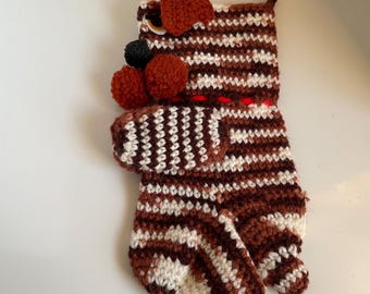 Vintage Knit Christmas Stocking Striped Dog Animals Handmade Craft