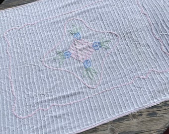 Vintage 1940s 1950s Crib Size Cotton Chenille Bedspread Pink Green Blue White Bed Linens Coverlet 38 x 57