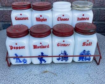 Vintage Tipp City Dutch Kids Dove Spice Jars Milk Glass Red Lid Set Of 8 in Rack