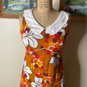 Vintage 60s 70s Maxi Dress Audrey in Hawaii Barkcloth Sleeveless Gown Orange 36 Bust