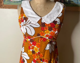 Vintage 60s 70s Maxi Dress Audrey in Hawaii Barkcloth Sleeveless Gown Orange 36 Bust