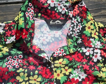 Vintage 1970s Womens Disco Shirt Black Mod Floral Button Down Spread Collar 38 Bust
