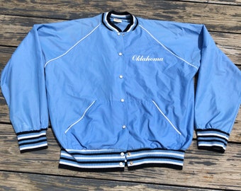 Vintage 70s Ladies Lightweight Baseball Style Oklahoma Souvenir Jacket Blue Womens M L Sportswear