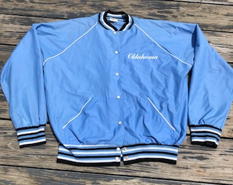 Vintage 70s Ladies Lightweight Baseball Style Oklahoma Souvenir Jacket Blue Womens M L Sportswear