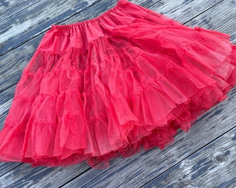 Vintage 1950s Red Nylon Crinoline Tiered Slip Skirt Full circle Rockabilly Square Dance Womens L XL