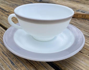 Pyrex Dinnerware Tea Cup and Saucer Set 2 pieces Dove Gray Table ware 1950s
