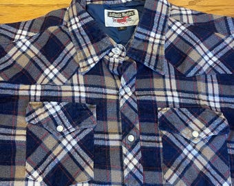 Vintage 1970s Flannel Shirt Youngbloods Pearl Snap Blue Brown Plaid Mens XL 48 Chest
