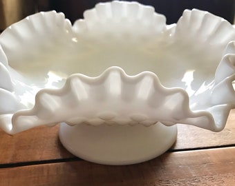 Milk Glass Bowl- Pedestal Bowl Dish - Hobnail Milk Glass Bowl - Vintage Pedestal Bowl - White Pedestal Bowl - Ondulante