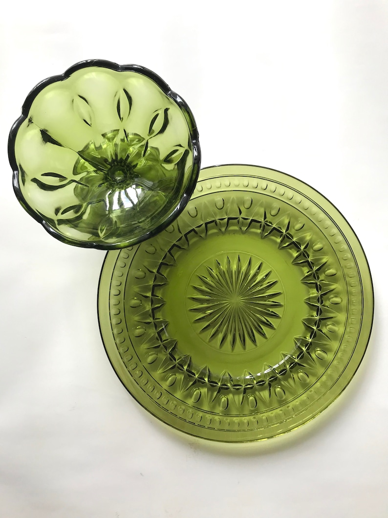 Avocado Green Glass Plate and Bowl Green Glass Compote | Etsy