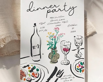 Hand Drawn Dinner Party Invitation Template, Editable Dinner Party Invite, Printable Dinner Party Invite, Summer Invitation, P012