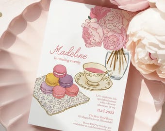 Pink Floral Afternoon Tea Invitation, Printable High Tea Party Invitation Template, Editable Par-tea Birthday Invitations, Brunch Party P025