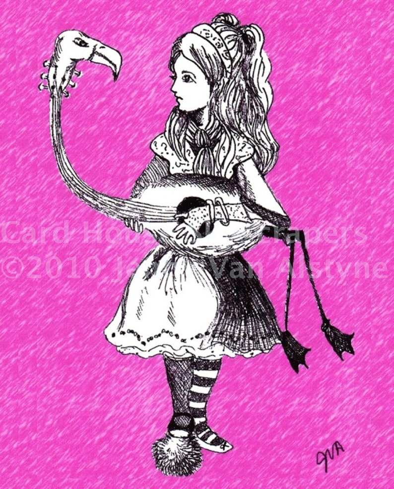 Alice in Wonderland Art, Alice & Flamingo framed 8 x 10 print, Tim Burton Inspired, proceeds to Alzheimer's Association image 2