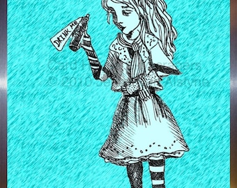 Alice in Wonderland, Drink me, Alice artwork- framed print, Tim Burton Inspired, proceeds to Alzheimer's Association