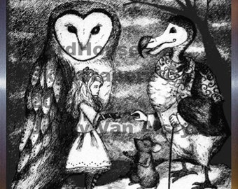 Alice in Wonderland Art, Owl, Dodo Bird- framed 8 x 10 print, Tim Burton Inspired, proceeds to Alzheimer's Association