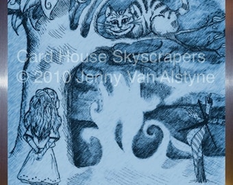 Alice in Wonderland Art, Cheshire cat- framed 8 x 10 print, Tim Burton Inspired, proceeds to Alzheimer's Association